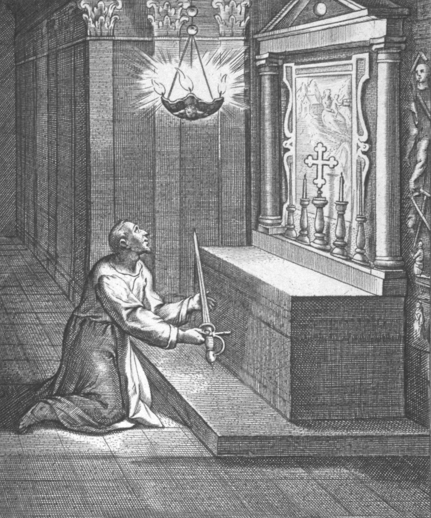 Drawing of St. Ignatius surrendering his sword